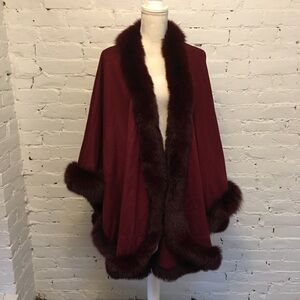 Sofia Cashmere Cervinia cape fox fur trim burgundy os classic length
